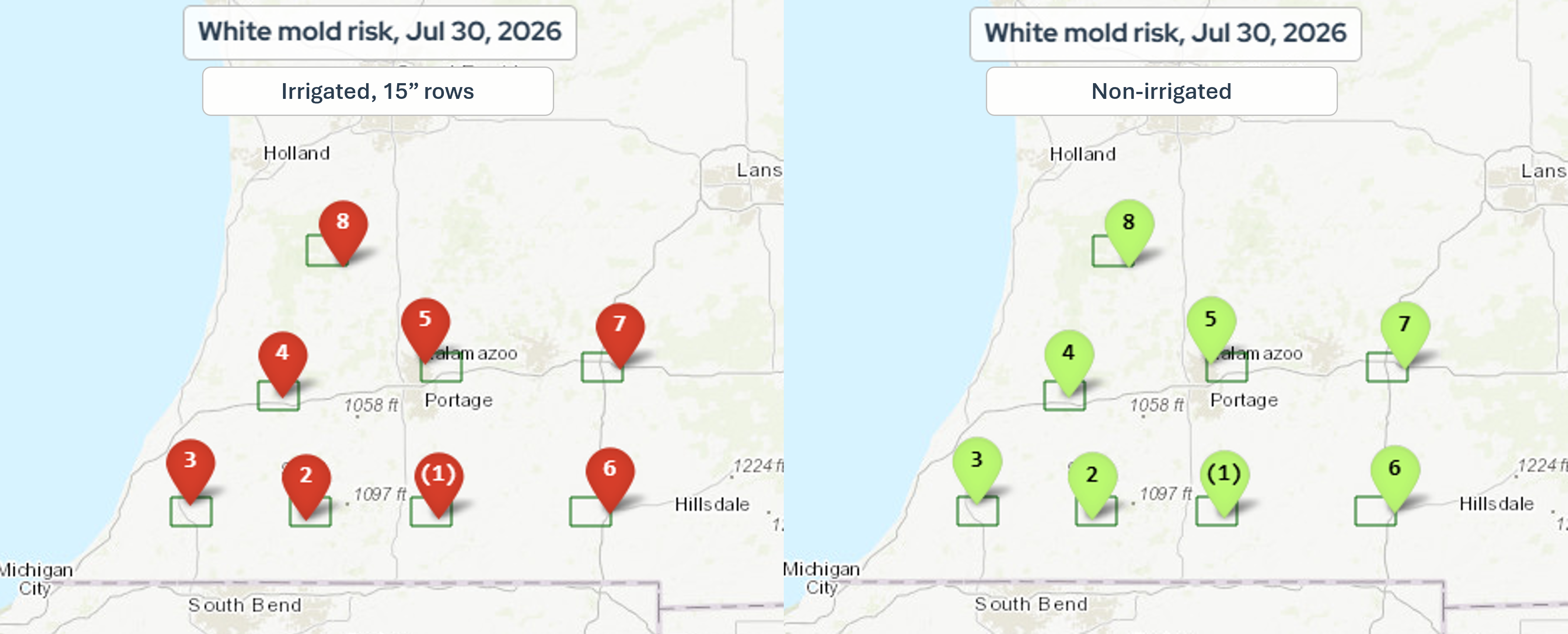 Estimated white mold risk in irrigated soybeans on 15-inch rows (left) and non-irrigated soybeans (right) for the past week based on the Crop Protection Network&rsquo;s Crop Risk Tool.